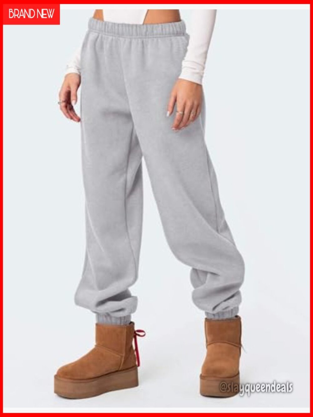 Fleece Lined High Waist Baggy Sweatpants with Pockets Joggers - Picture 3 of 7